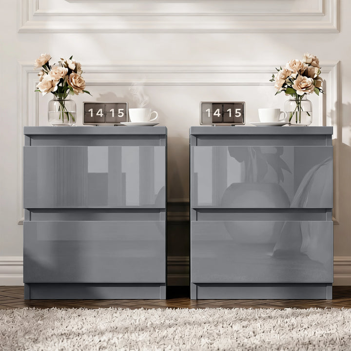 [Grey] pair of grey high gloss bedside tables with succulent books and tumbler on left clock and lamp on right