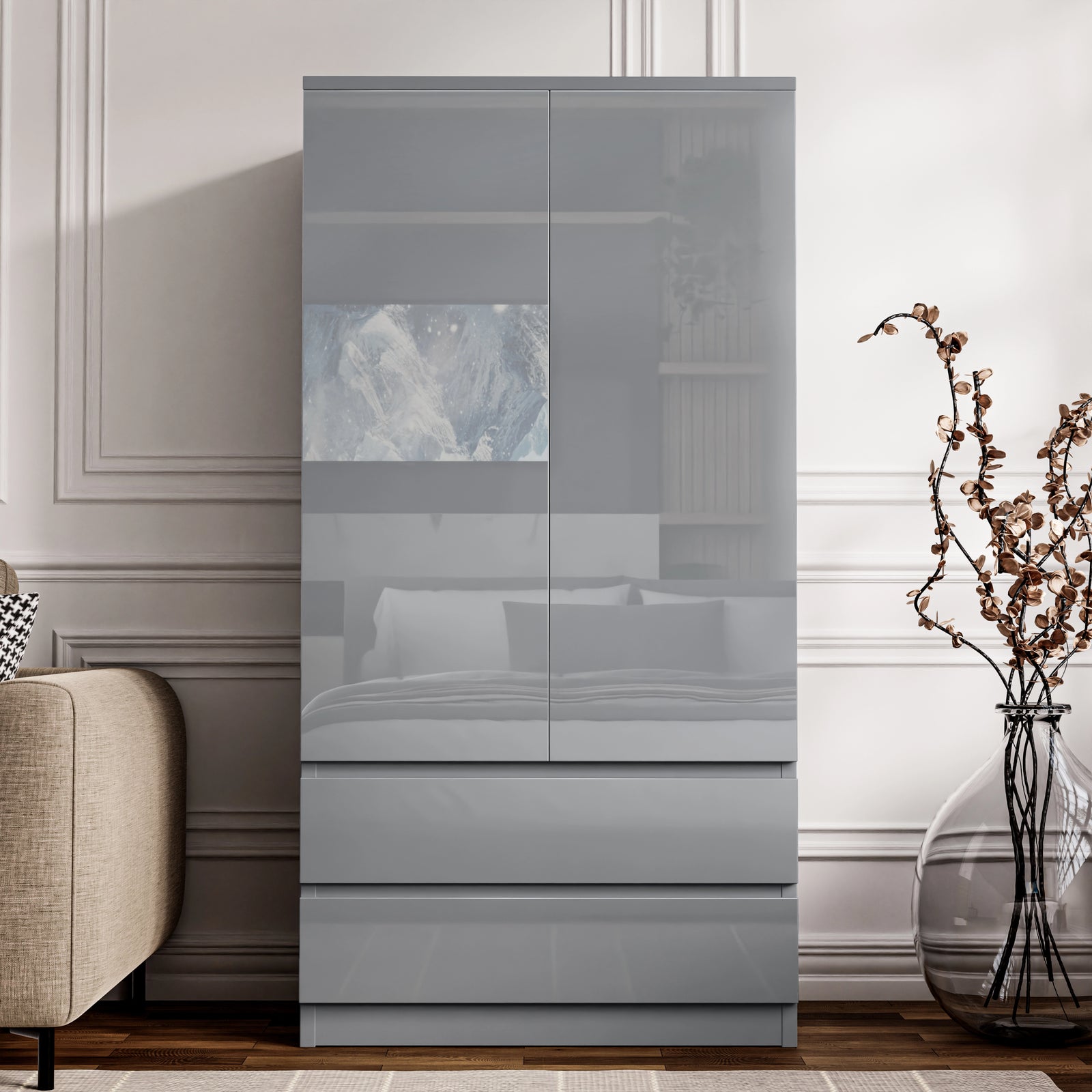 [Grey] Two door wardrobe in glossy grey finish with clean lines and push-open doors reflecting furniture.