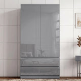 [Grey] High gloss wardrobe front view with reflective double doors, lower drawers, and panelled wall.