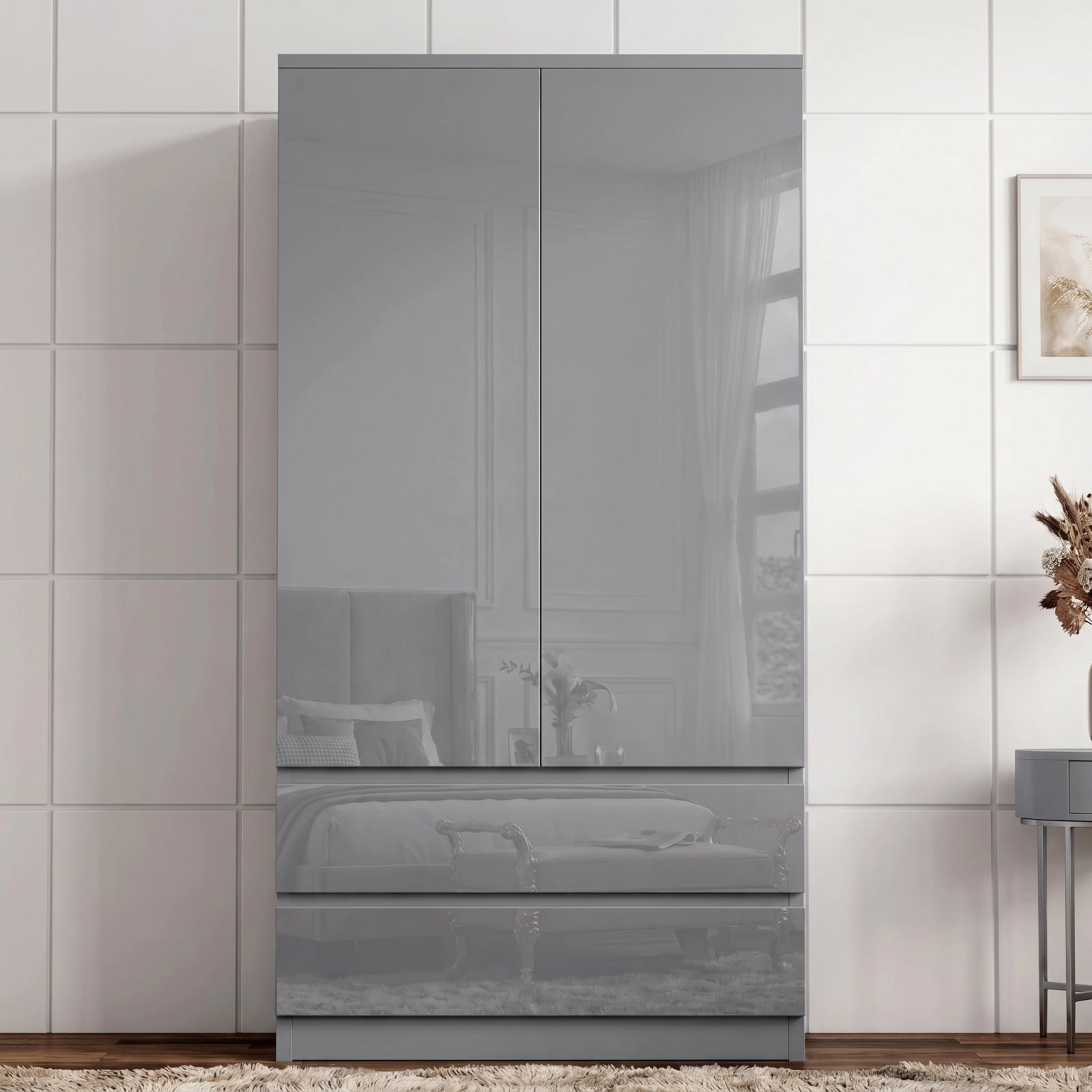 [Grey] High gloss wardrobe front view with reflective double doors, lower drawers, and panelled wall.
