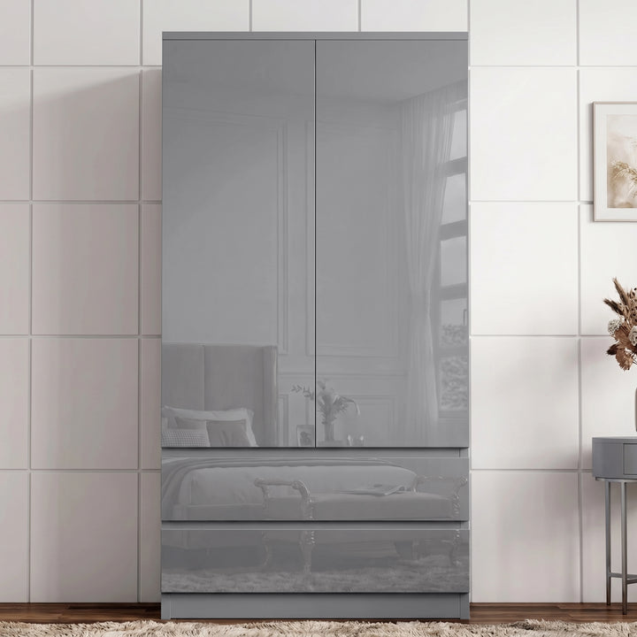 [Grey] High gloss wardrobe front view with reflective double doors, lower drawers, and panelled wall.
