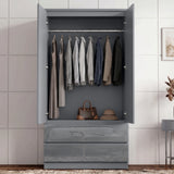 [Grey] High gloss wardrobe with doors open showing hanging rail, clothing, bag, hat, hinges, lower drawers, and wall panels.