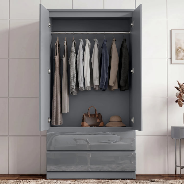 [Grey] High gloss wardrobe with doors open showing hanging rail, clothing, bag, hat, hinges, lower drawers, and wall panels.