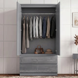 [Grey] High gloss wardrobe with doors open, showing hanging rail, clothing, handbag, hat, and hinges.