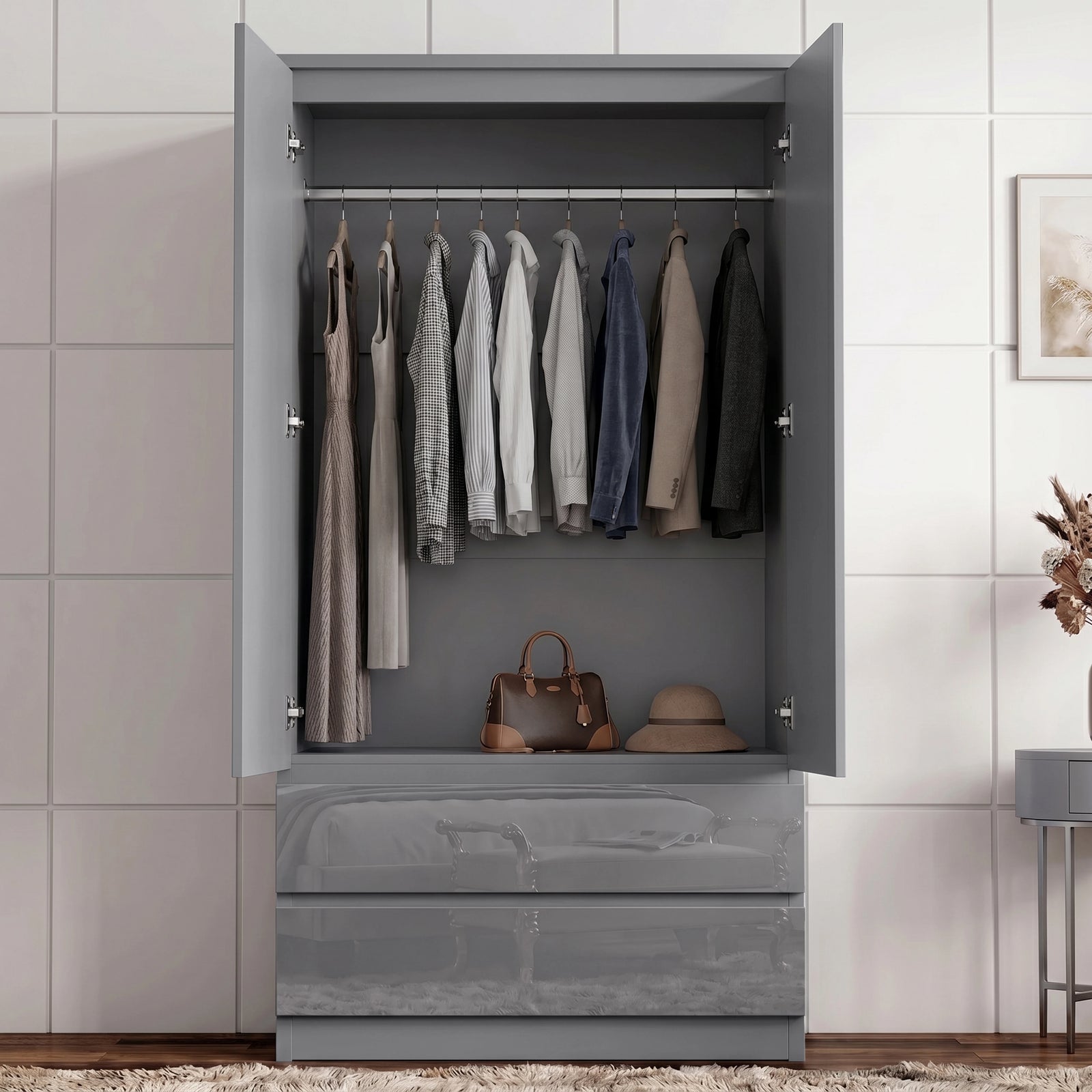 [Grey] High gloss wardrobe with doors open, showing hanging rail, clothing, handbag, hat, and hinges.