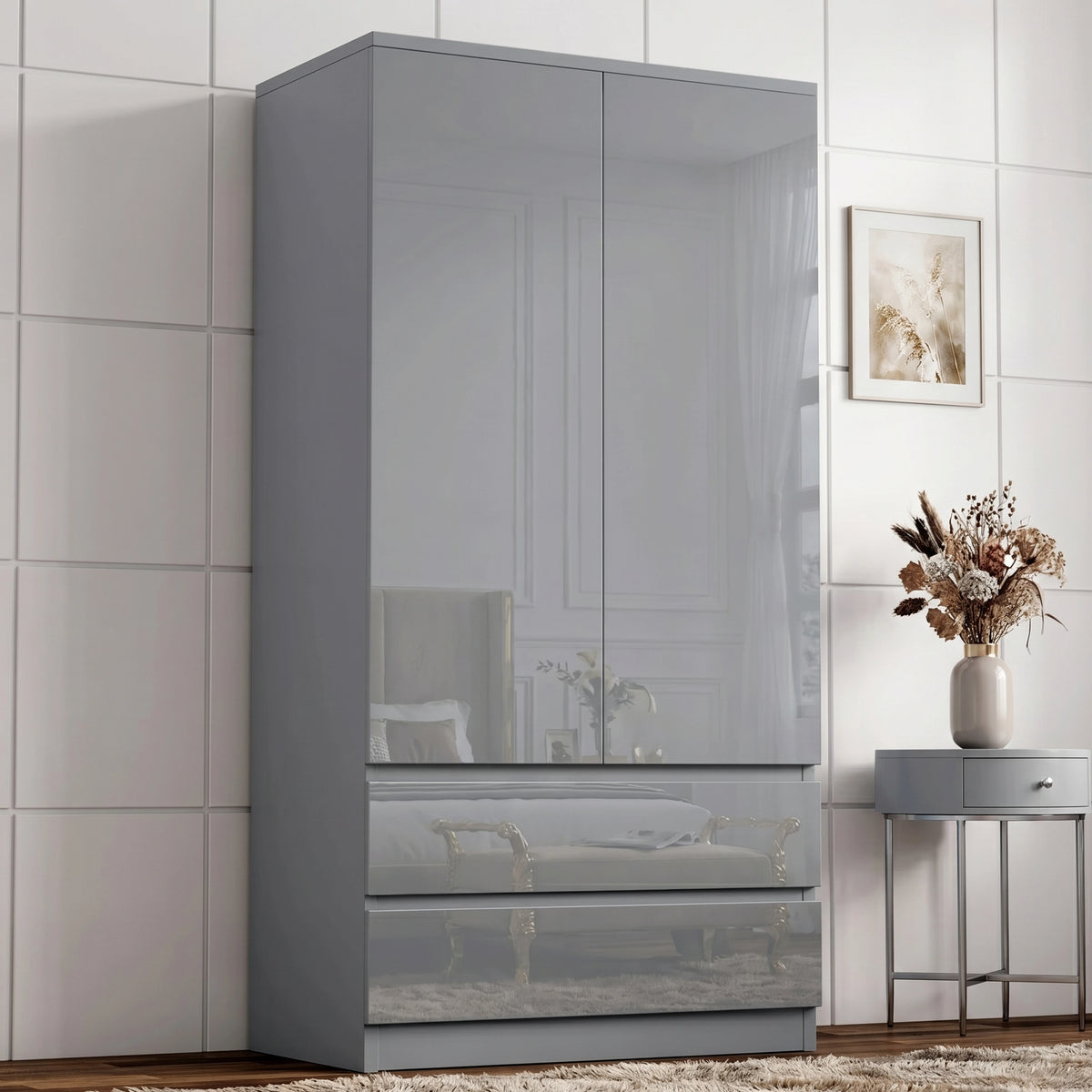 High Gloss 2 Door Wardrobe Drawers Hanging Rail 2 Door Wardrobe