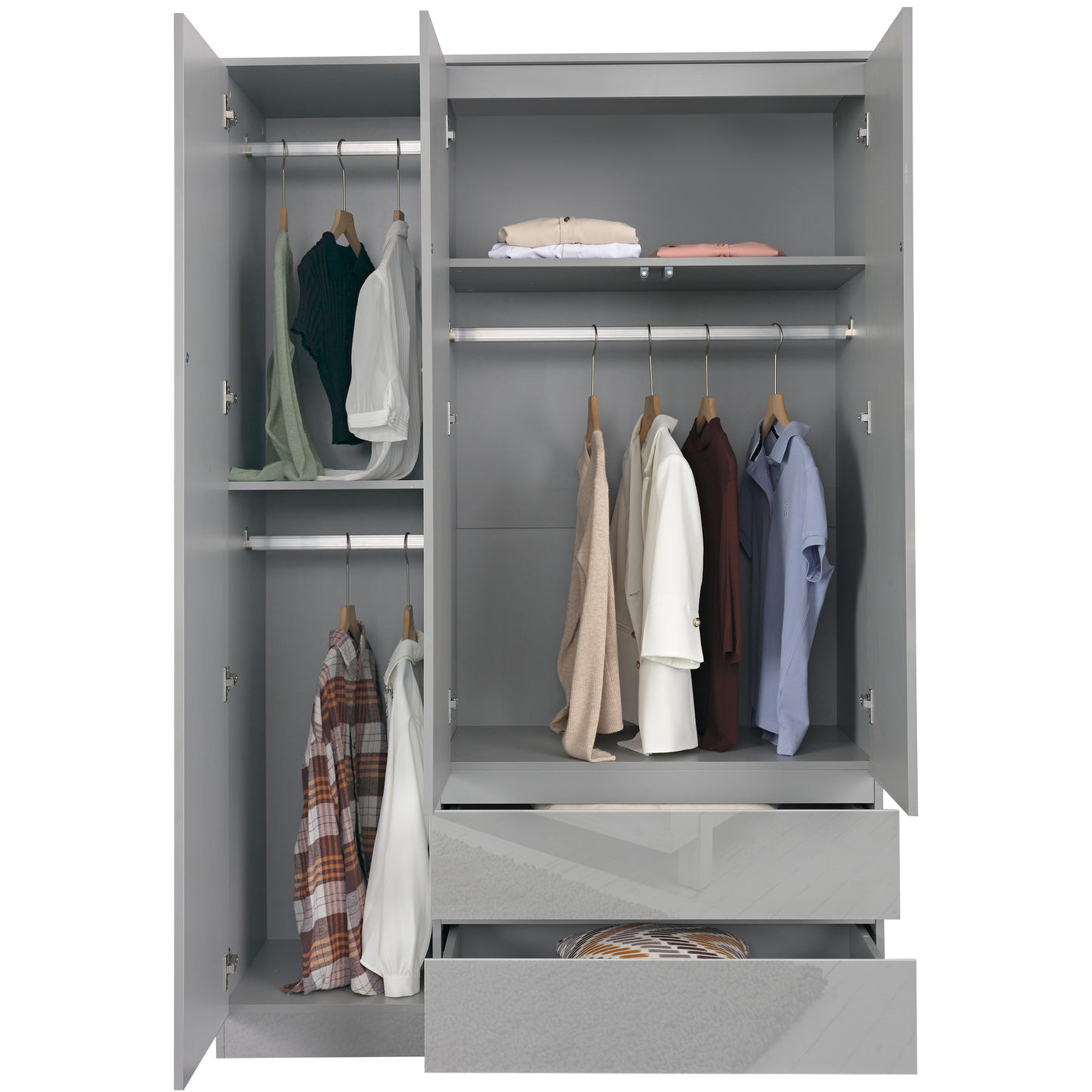 High Gloss 3 Door Wardrobe With Drawers And Shelves