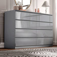[Grey] high gloss wide chest of drawers in bedroom corner with lamp glowing and candles on top