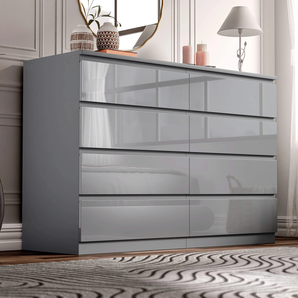 [grey] high gloss 8 drawer chest styled in bedroom with lamp and gold-framed mirror on wall