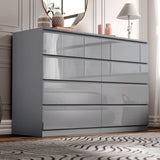 [grey] high gloss 8 drawer chest styled in bedroom with lamp and gold-framed mirror on wall