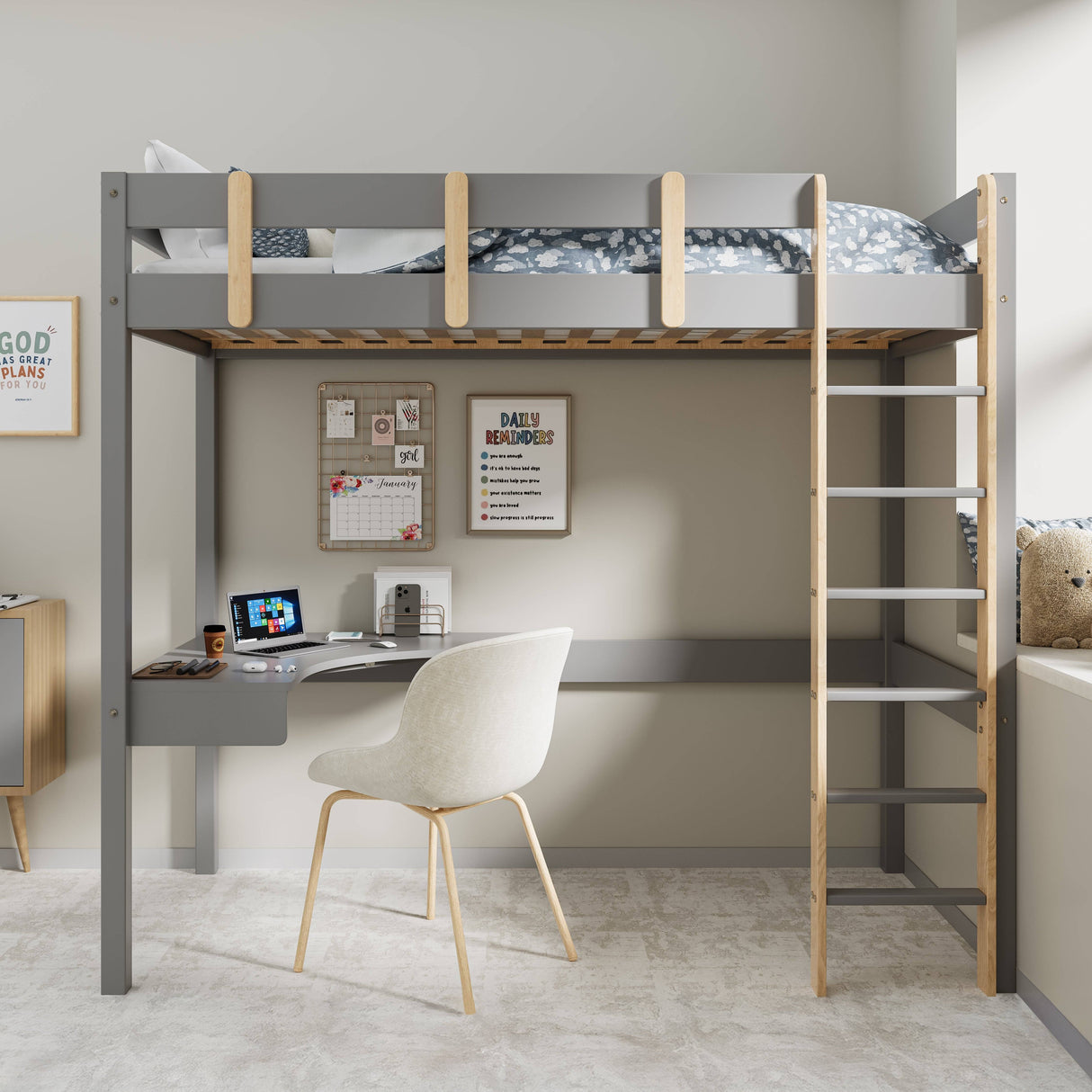 Gray high sleeper bed with a built-in desk, ladder, cloud-patterned bedding, placed against the wall