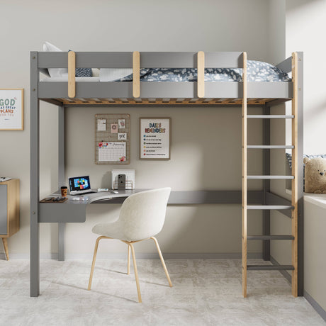 Gray high sleeper bed with a built-in desk, ladder, cloud-patterned bedding, placed against the wall