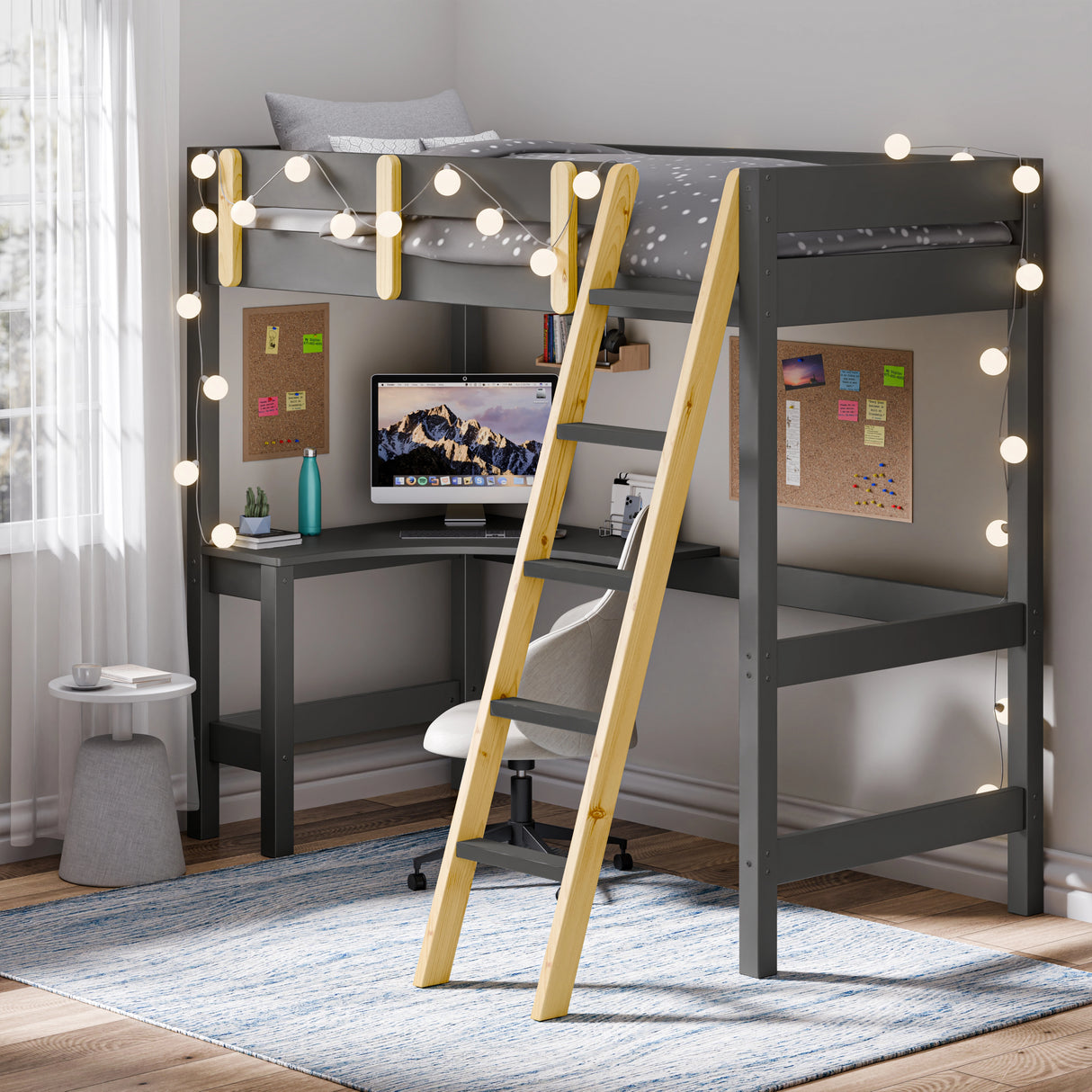 Grey high sleeper bunk bed with a desk underneath, placed in the corner of a room near a window