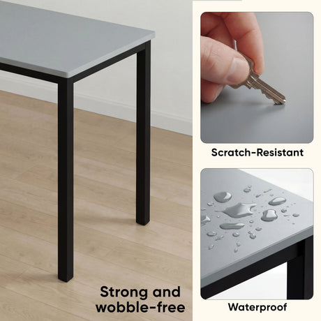 [80 X 50 cm] Home Office Desk close-up showing strong wobble-free metal legs, scratch-resistant surface tested with key, and waterproof tabletop with droplets