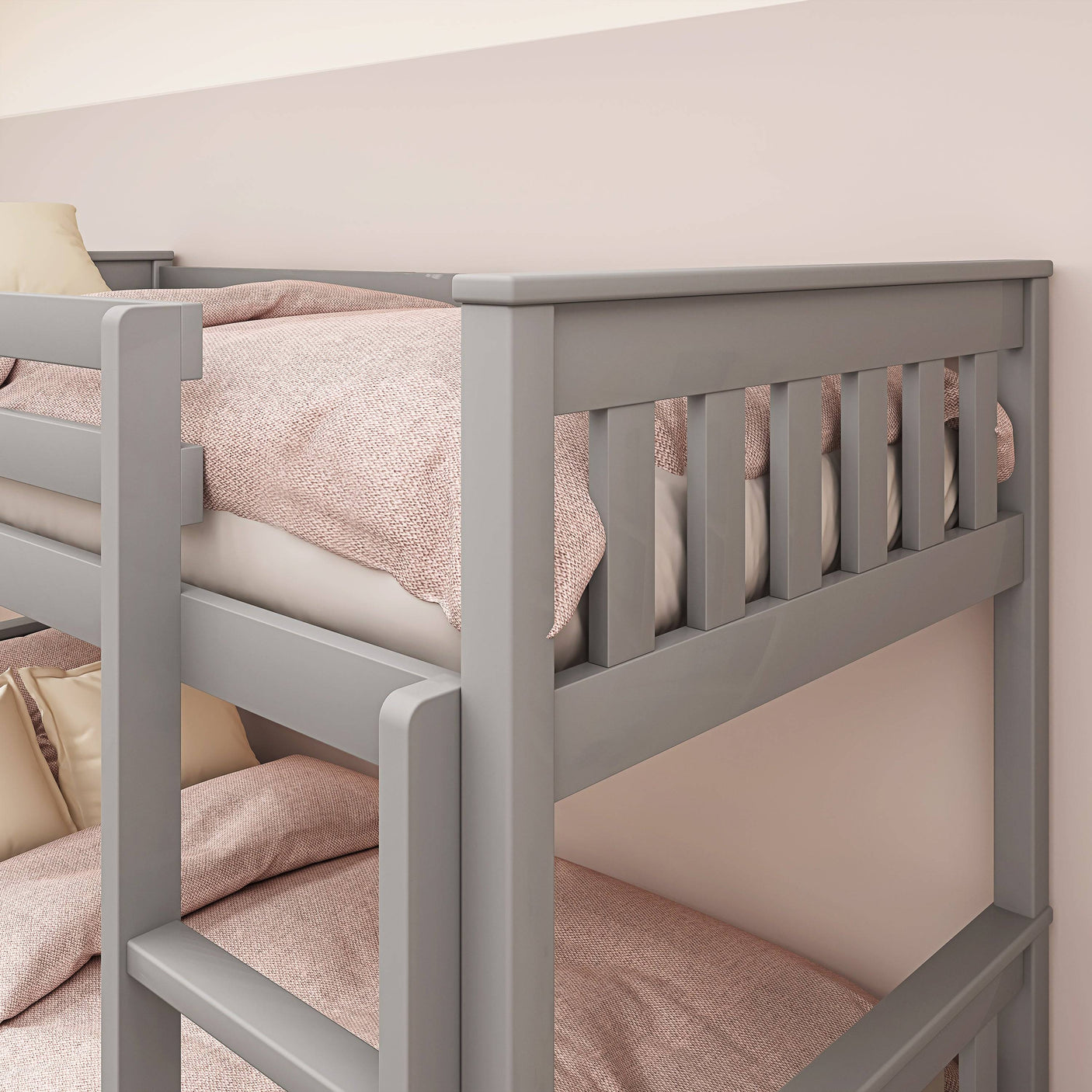 Close-up of grey bunk bed upper rail and post, showcasing smooth finish and durable wooden construction for kids' safety.