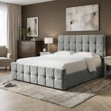 [King | Grey] King Ottoman Storage Bed Frame Grey Velvet Square Tufted styled in a contemporary bedroom setup.