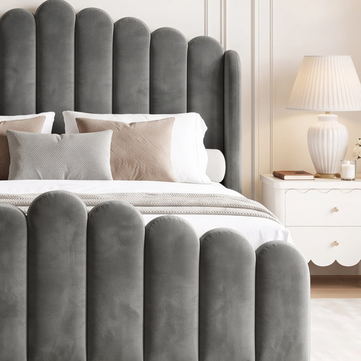 [King | Grey] Close-up of matching scalloped velvet footboard with rounded vertical channels