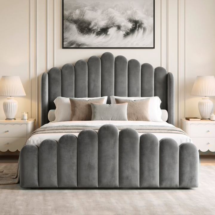[King | Grey] Front view of velvet ottoman storage bed with scalloped channel headboard and matching footboard