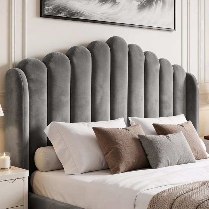 [King | Grey] Close-up of tall scalloped velvet headboard with rounded vertical channels and padded side wings