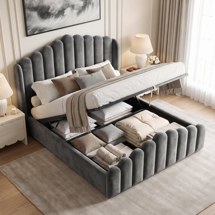 [King | Grey] Velvet ottoman bed open from the foot end, showing gas-lift frame and full bedding storage
