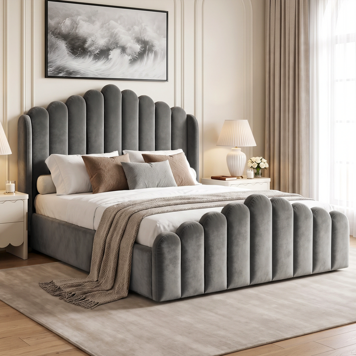 [King | Grey] Velvet ottoman storage bed in a bedroom, with scalloped channel headboard and matching footboard