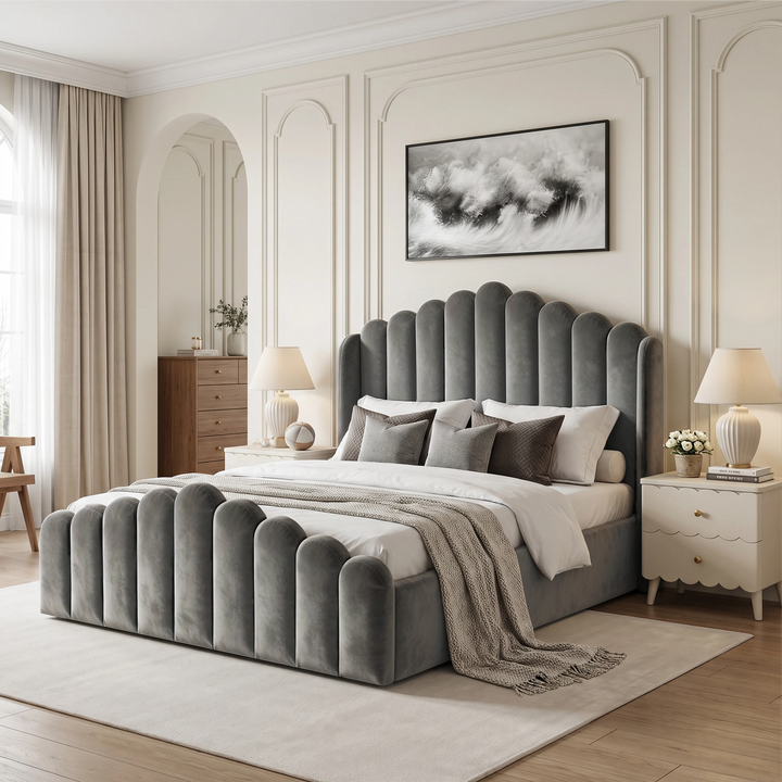 [King | Grey] Velvet ottoman storage bed in a wide bedroom view with scalloped headboard and footboard