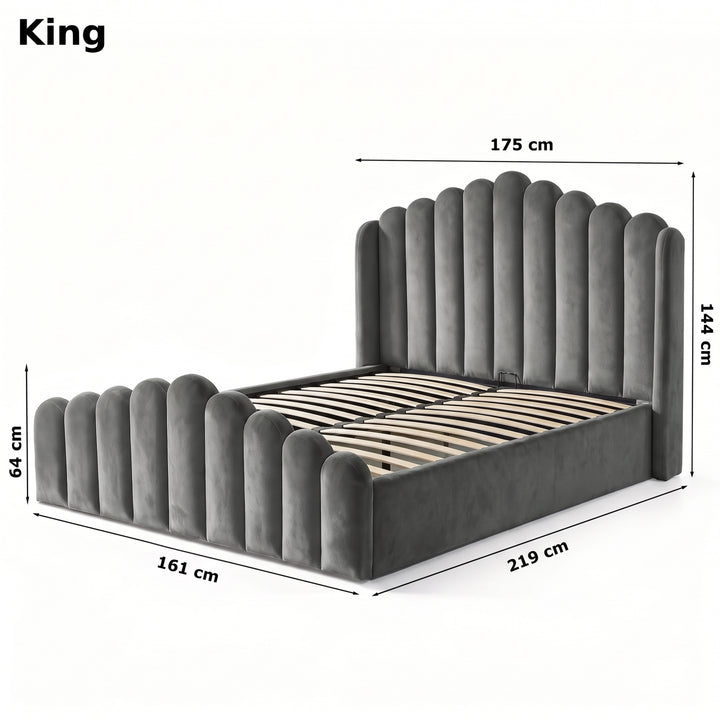 [King | Grey]   Ottoman bed size: headboard 175W, base 161W x 219L, 144H; foot end 64H cm