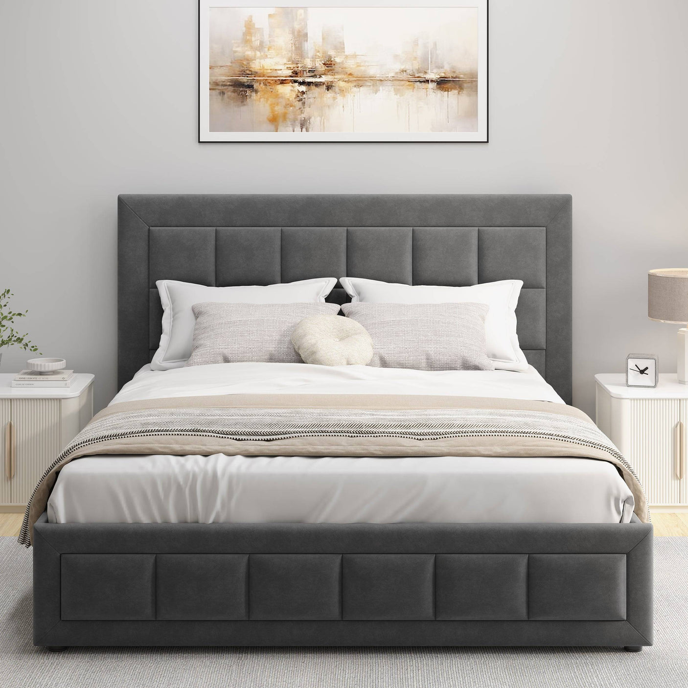 Grey king size bed ottoman with cushions and pillows, offering comfort and ample storage.