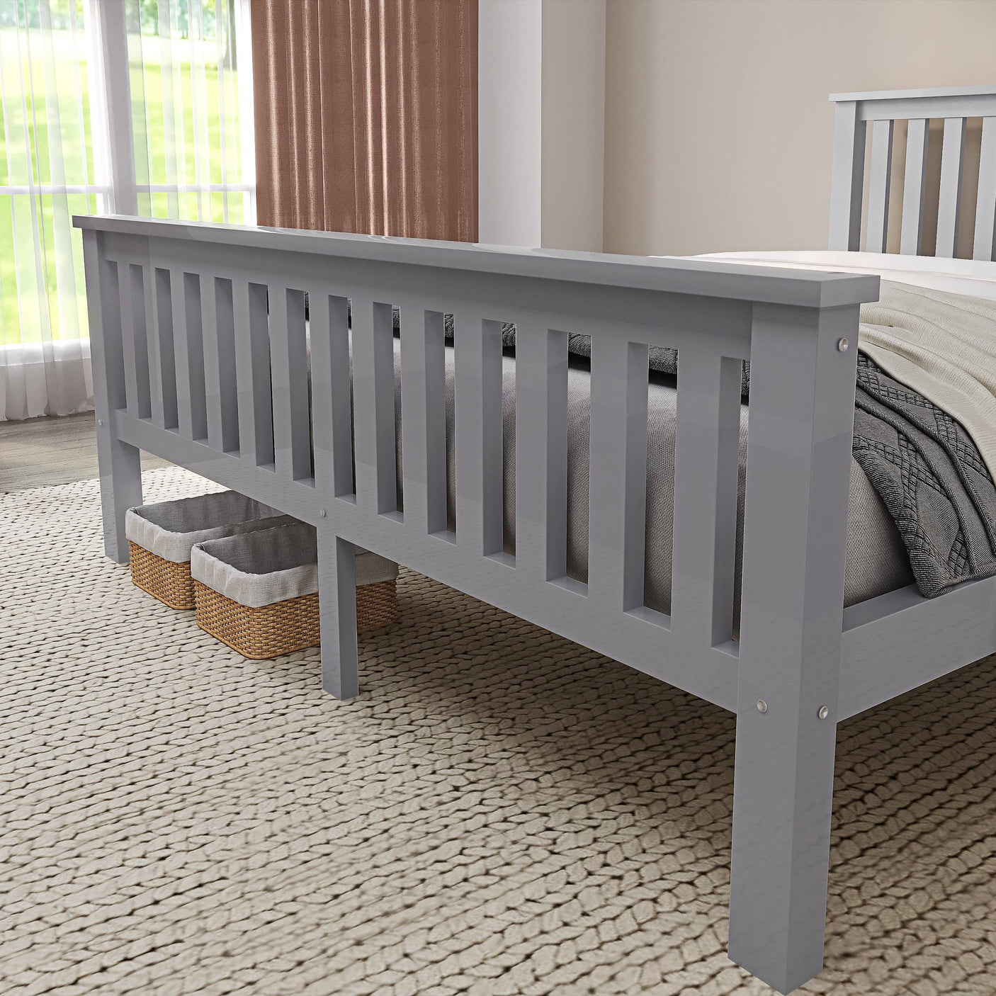 Grey king-size wooden bed, designed for a modern and elegant bedroom with sturdy support.