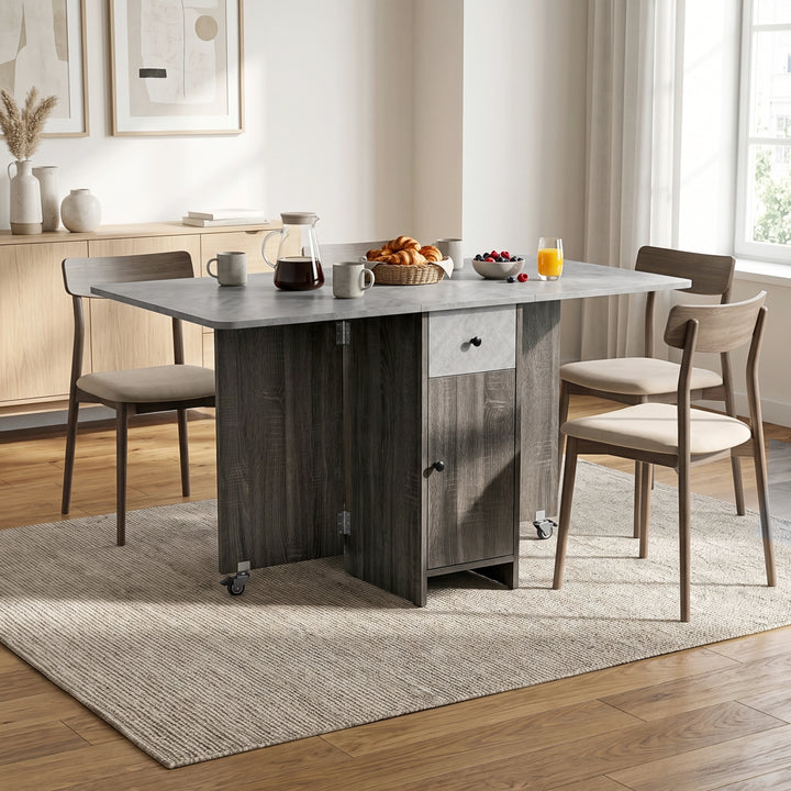 [Grey] Kitchen drop leaf table open featuring marble-effect top styled with four chairs, coffee, croissants, and juice.