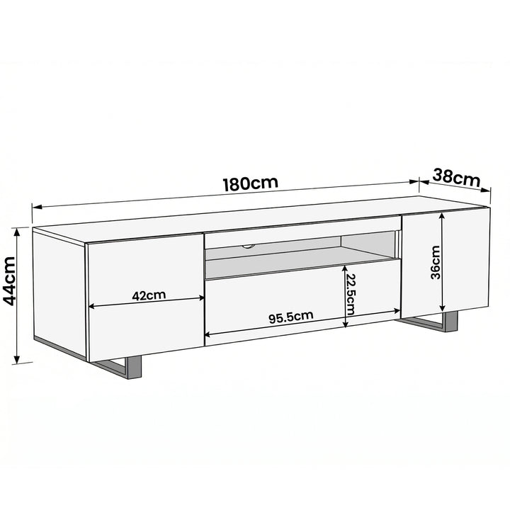 [Grey] Kystra TV stand diagram: 180cm wide, 38cm deep, 44cm high, side cabinet 42cm, centre 95.5cm, shelf 22.5cm