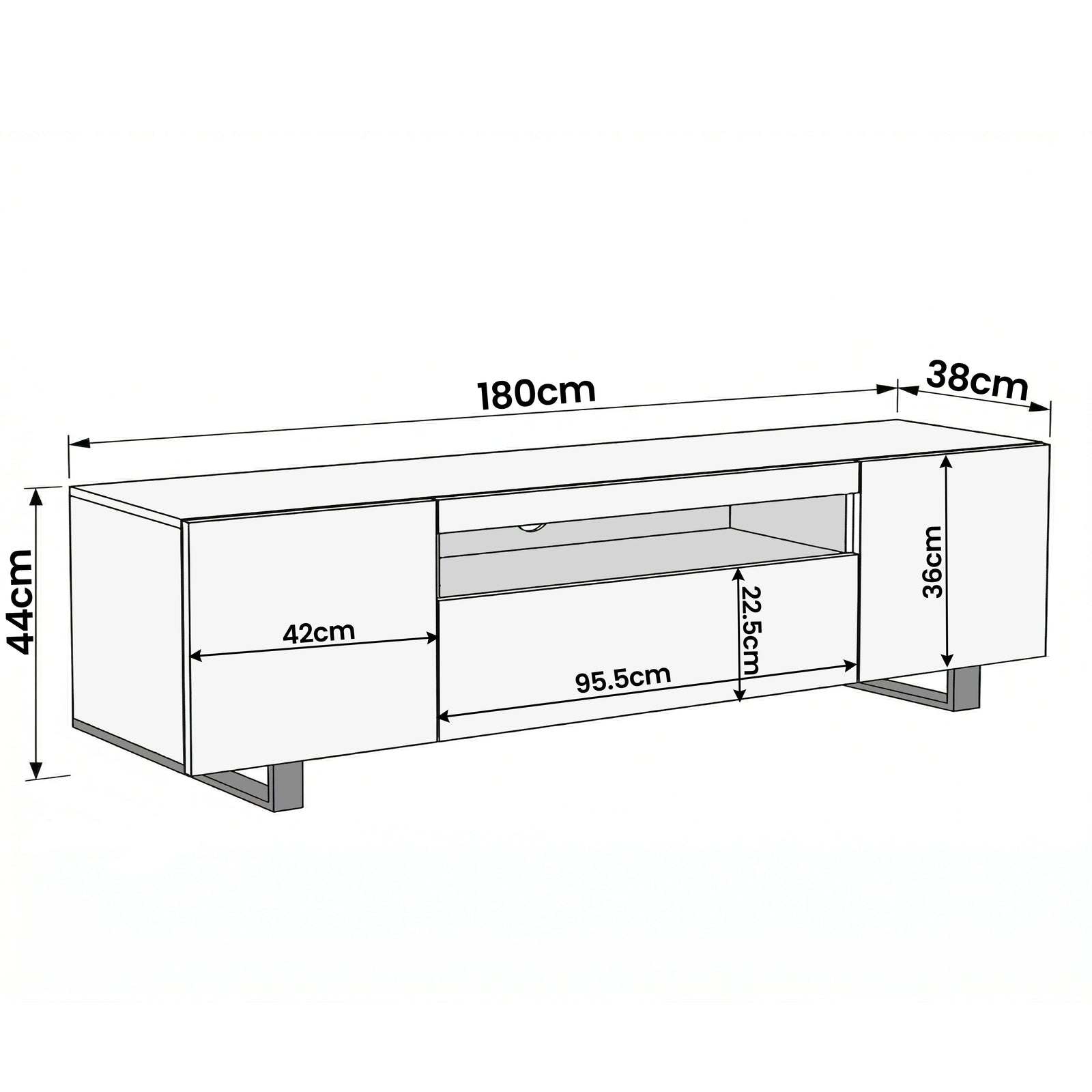 [Grey] Kystra TV stand diagram: 180cm wide, 38cm deep, 44cm high, side cabinet 42cm, centre 95.5cm, shelf 22.5cm