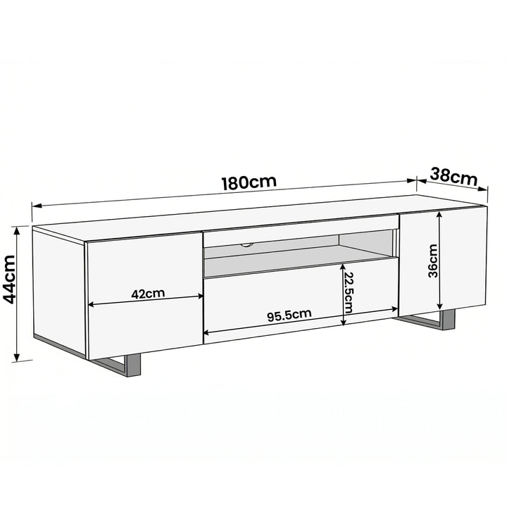 [Grey] Kystra TV stand diagram: 180cm wide, 38cm deep, 44cm high, side cabinet 42cm, centre 95.5cm, shelf 22.5cm