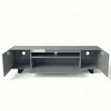 [Grey] Kystra TV stand on a plain white background, all doors open, side cabinets and centre drop-down door visible