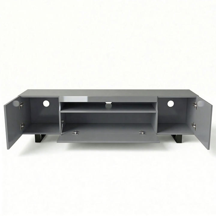 [Grey] Kystra TV stand on a plain white background, all doors open, side cabinets and centre drop-down door visible