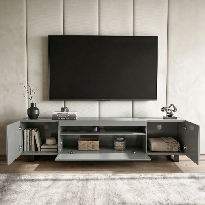 [Grey] Kystra grey TV stand front-on with both side doors swung open, contents on display, wall-mounted TV above