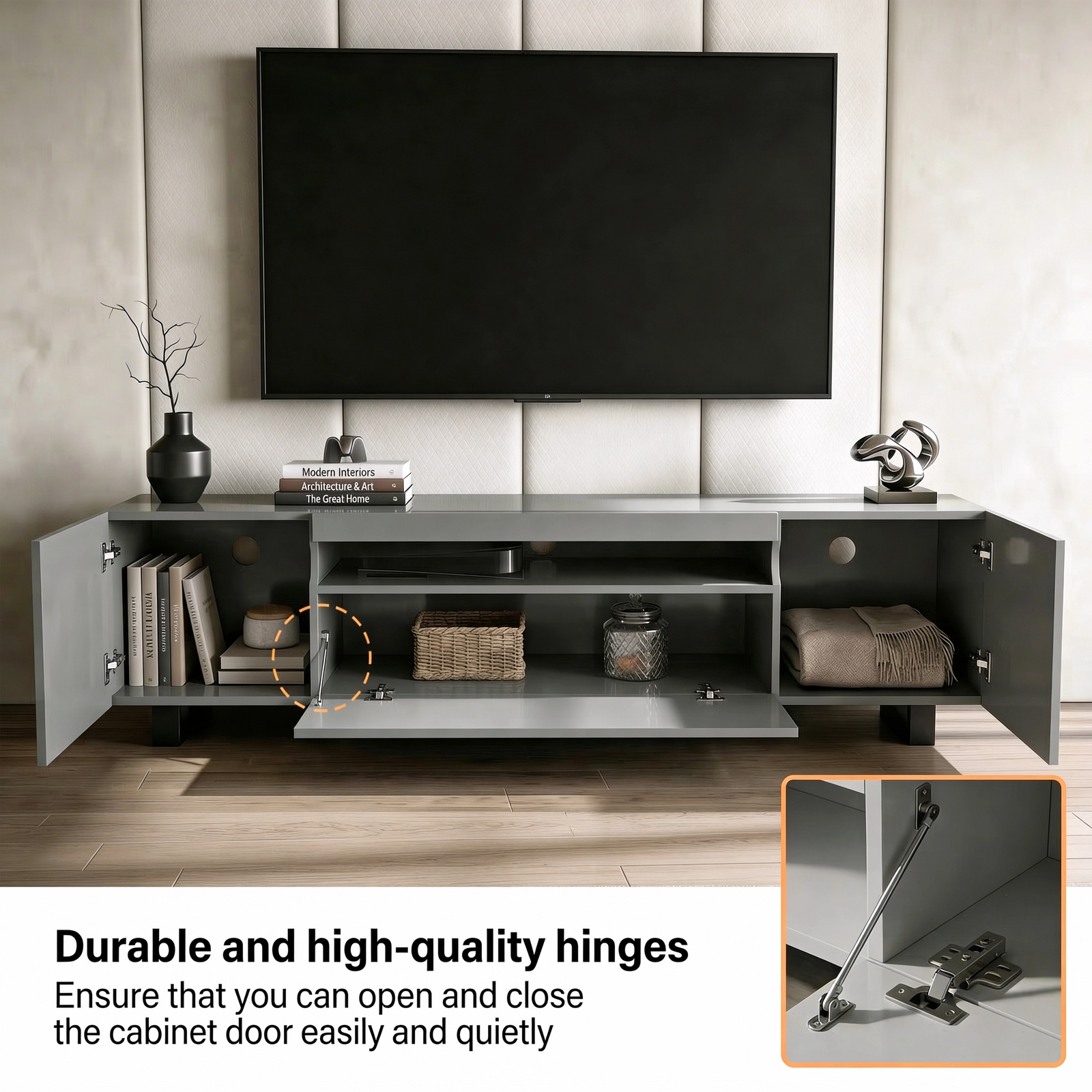 [Grey] Kystra TV unit feature image, side cabinets open showing storage, chrome soft-close hinge inset detail