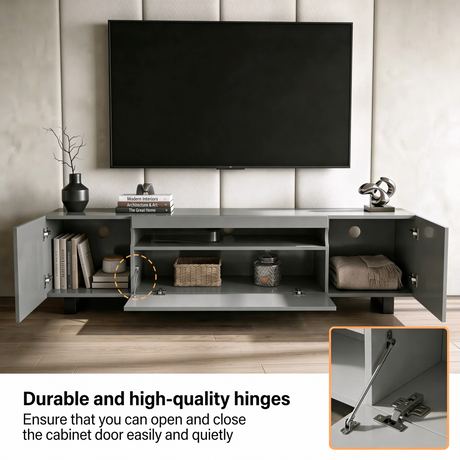 [Grey] Kystra TV unit feature image, side cabinets open showing storage, chrome soft-close hinge inset detail
