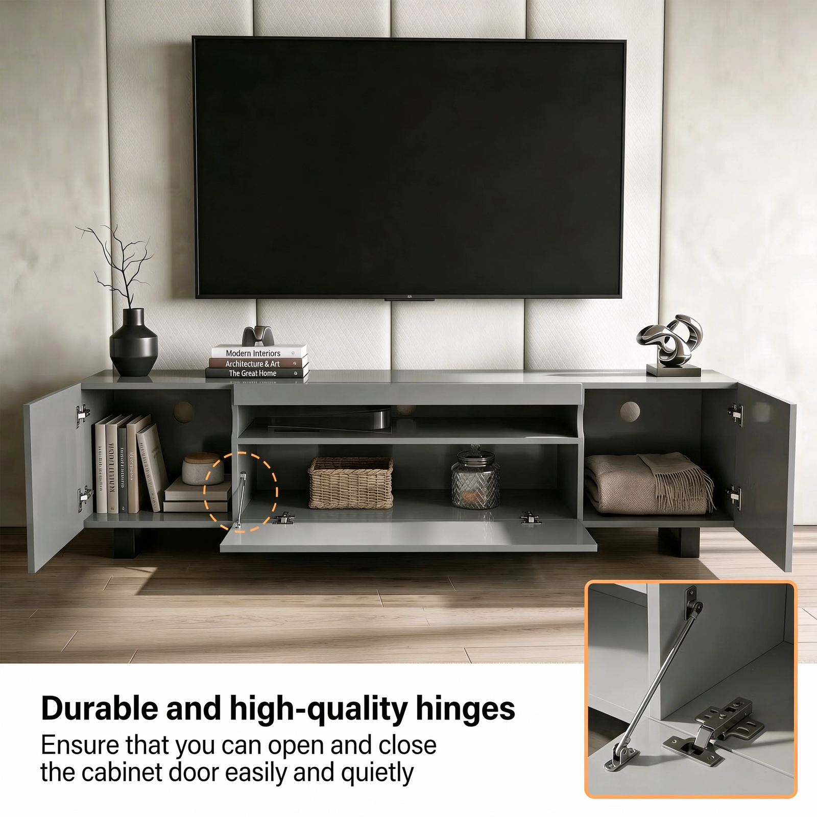[Grey] Kystra TV unit feature image, side cabinets open showing storage, chrome soft-close hinge inset detail