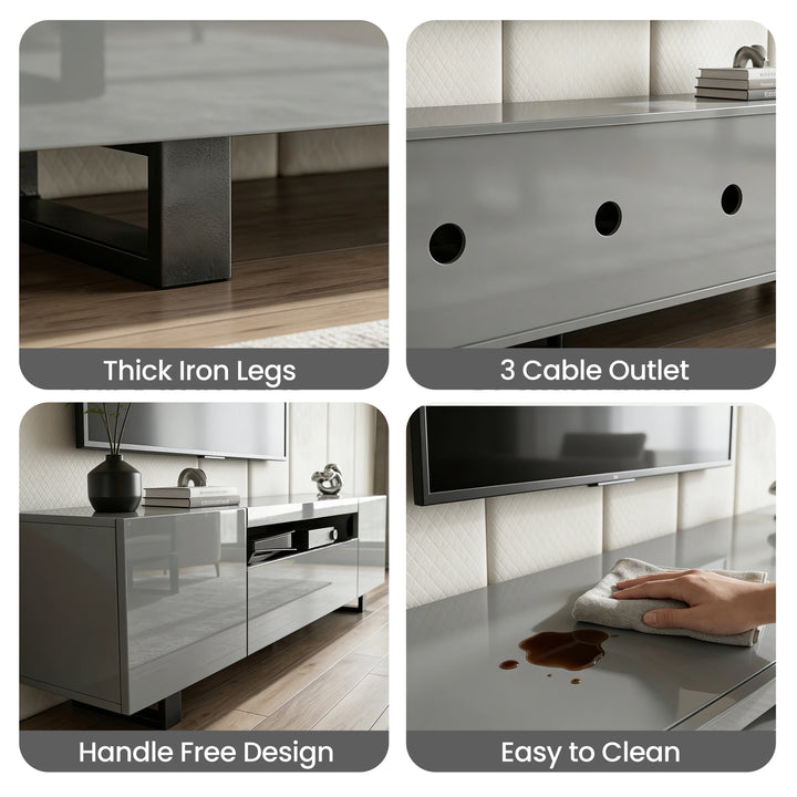 [Grey] Kystra TV stand four-panel feature collage: thick iron legs, three cable outlets, handleless fronts, easy clean
