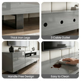 [Grey] Kystra TV stand four-panel feature collage: thick iron legs, three cable outlets, handleless fronts, easy clean