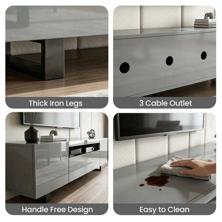 [Grey] Kystra TV stand four-panel feature collage: thick iron legs, three cable outlets, handleless fronts, easy clean
