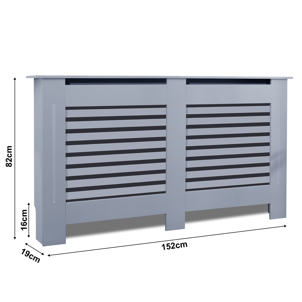 Grey large radiator cover, ideal for bigger spaces with dimensions for a perfect fit.