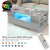 Coffee table with RGB LED light strip and remote control in a living room setting