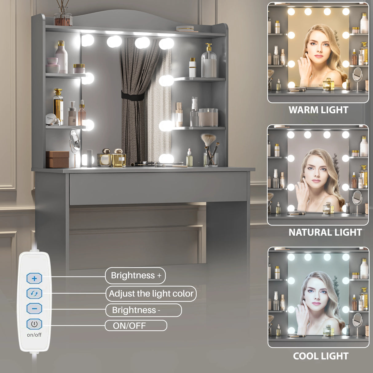 Makeup vanity with mirror and light control panel on a gray background