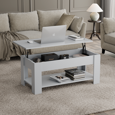 Grey lift top coffee table with hidden storage and lower shelf for modern living room.