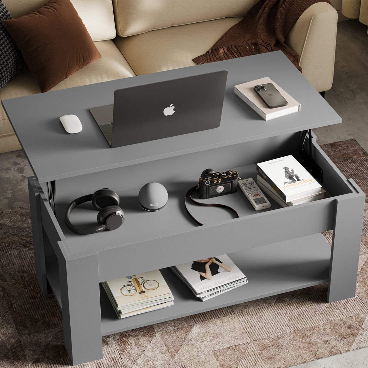 Lift top coffee table with storage in grey, 100cm wide, featuring a raised tabletop for workspace and hidden compartment for living room organization.