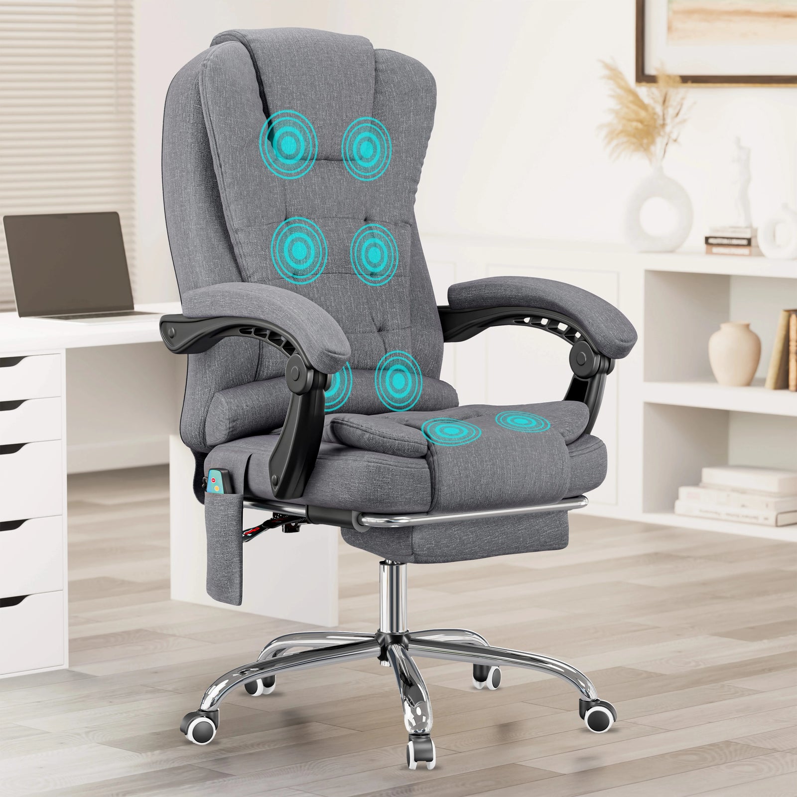 [Grey Linen] comfy grey linen computer chairs with cushioned armrests and massage zones shown in a functional work-from-home space