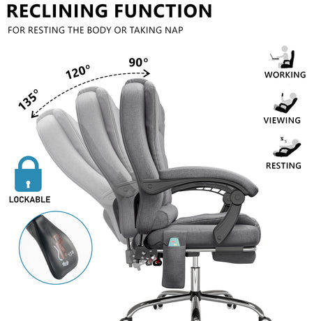 shown fully reclined, this grey linen reclining massage chair uses a knob mechanism for easy back angle control