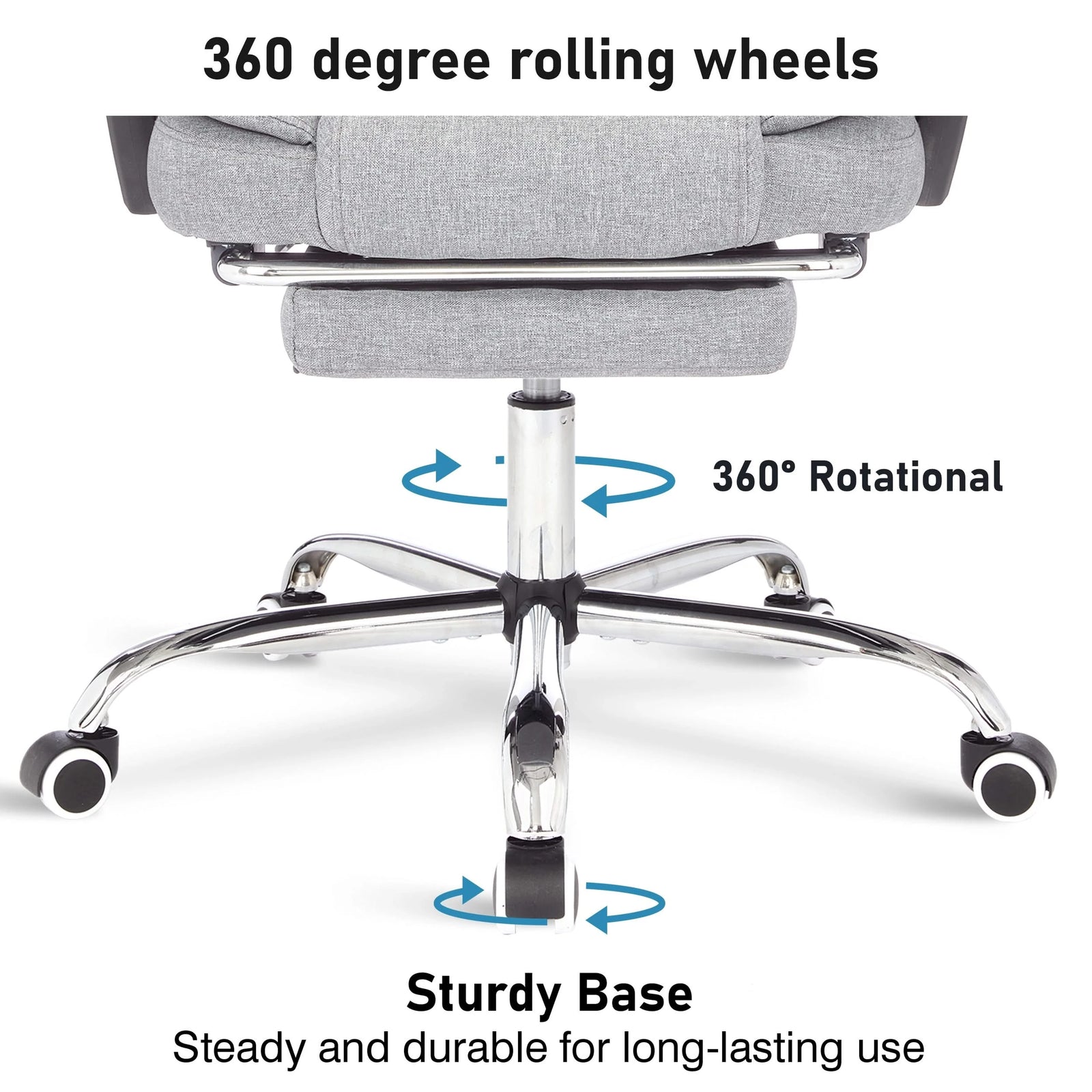 [Grey Linen] Swivel modern recliner chair with 360-degree rolling wheels for smooth mobility and comfort.